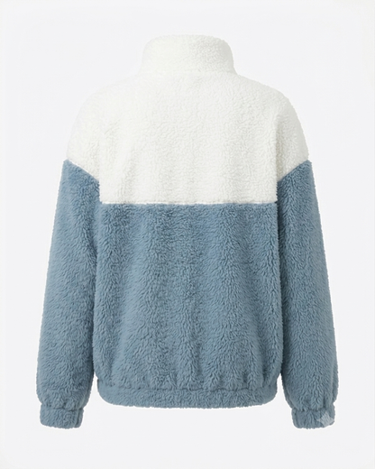 Women’s Plush Faux Fur & Woolen Colorblock Jacket | Soft Aesthetic Zip-Up Winterwear