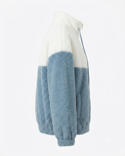 Women’s Plush Faux Fur & Woolen Colorblock Jacket | Soft Aesthetic Zip-Up Winterwear