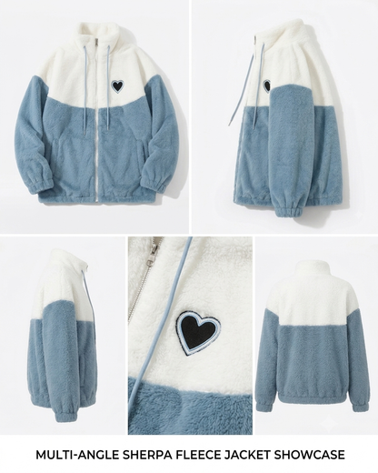 Women’s Plush Faux Fur & Woolen Colorblock Jacket | Soft Aesthetic Zip-Up Winterwear