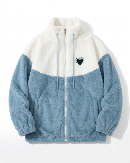 Women’s Plush Faux Fur & Woolen Colorblock Jacket | Soft Aesthetic Zip-Up Winterwear