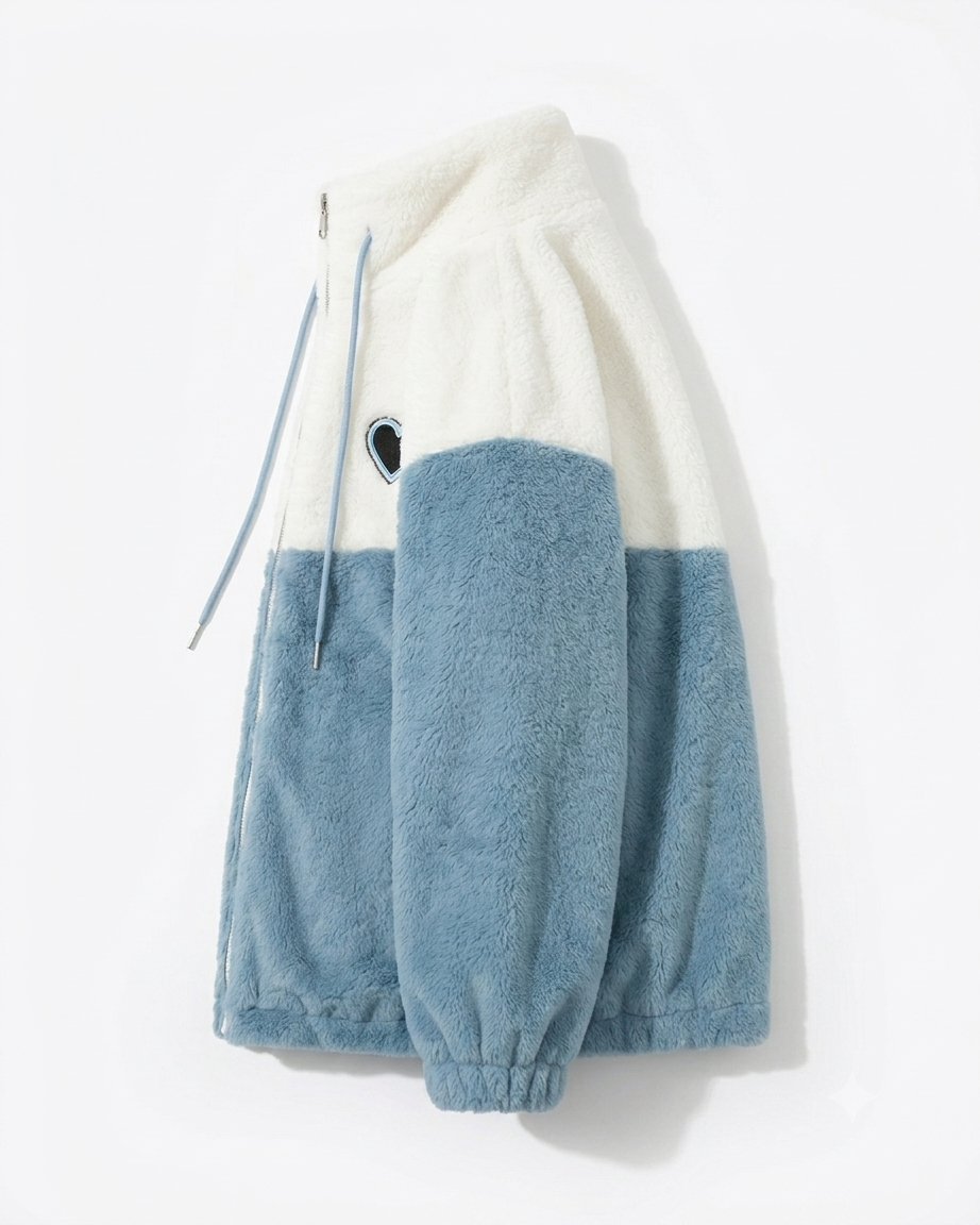Women’s Plush Faux Fur & Woolen Colorblock Jacket | Soft Aesthetic Zip-Up Winterwear