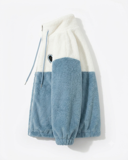 Women’s Plush Faux Fur & Woolen Colorblock Jacket | Soft Aesthetic Zip-Up Winterwear